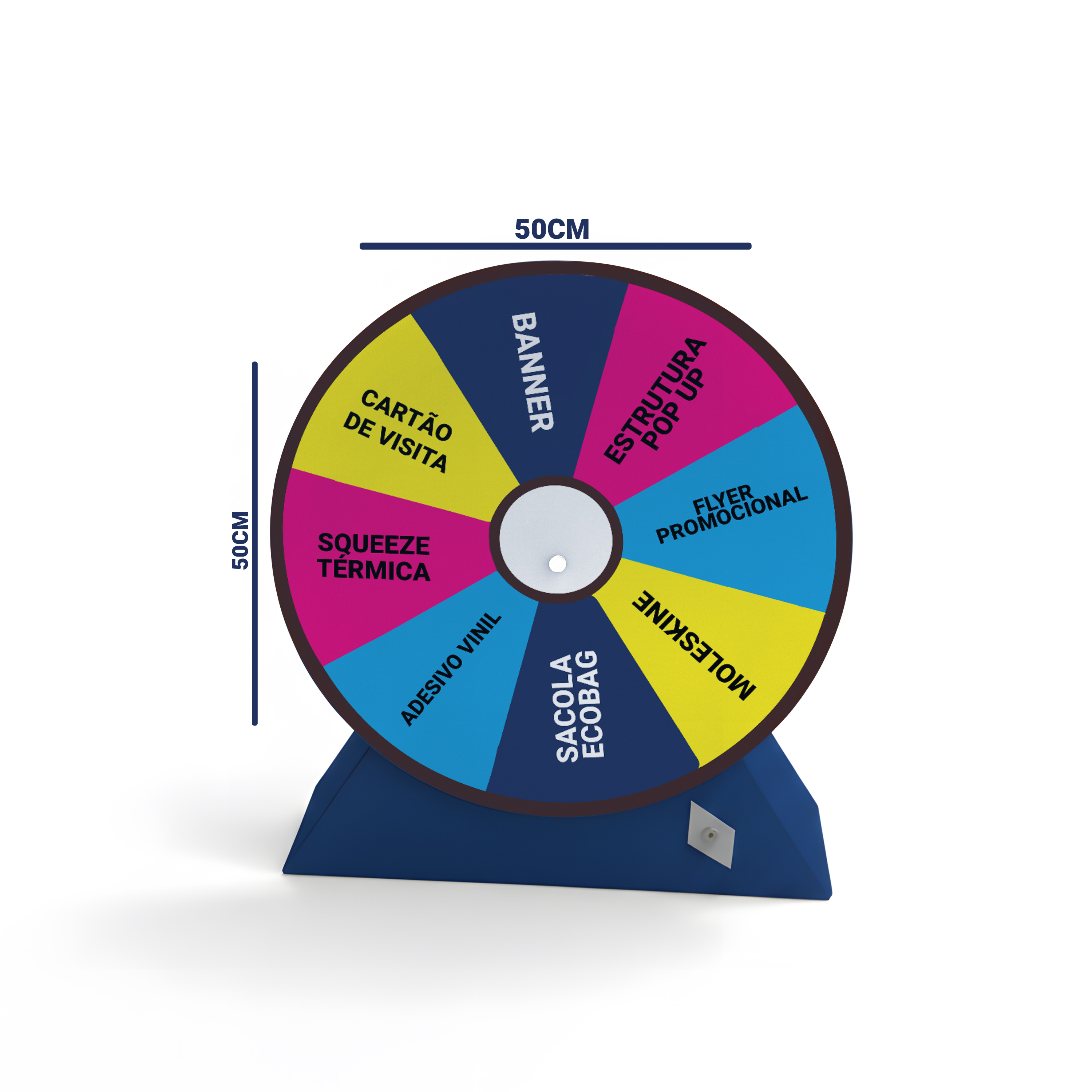 Display Roleta de Mesa - 50x50cm de roleta
PS 2 mm adesivado, 4x0 cores em Adesivo Vinil Branco.